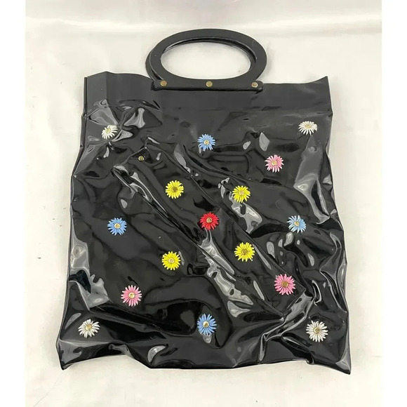 VTG Black Vinyl Daisy 3D Tote Bag Purse 14"x15" Retro Textured Round Handles - Picture 1 of 15